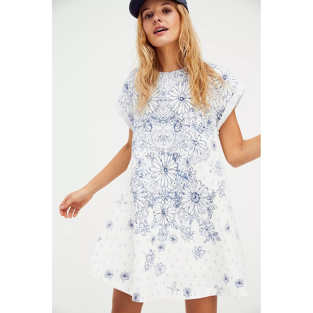Free People Pinwheel Mini Dress Women M White Blue Floral Open Back Swing - Picture 2 of 15